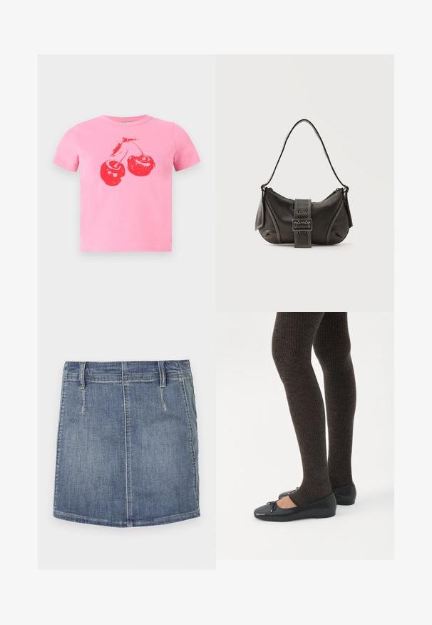 Kort lyserød bomuldst-shirt med et markant rødt kirsebærmotiv med grønne stilke. Klassisk rund hals og korte ærmer.; Denim mini nederdel i lys blå med en klassisk pasform. Har forlommer og bæltestropper, samt en lige kant og subtil lysning.; Ben iført mørke ribbede leggings kombineret med sorte balletsko med små sløjfedetaljer på hvid baggrund.; Sort læder skuldertaske med spænde på remmen, afrundede kanter og kontrasterende hvide syninger på en ensfarvet baggrund.