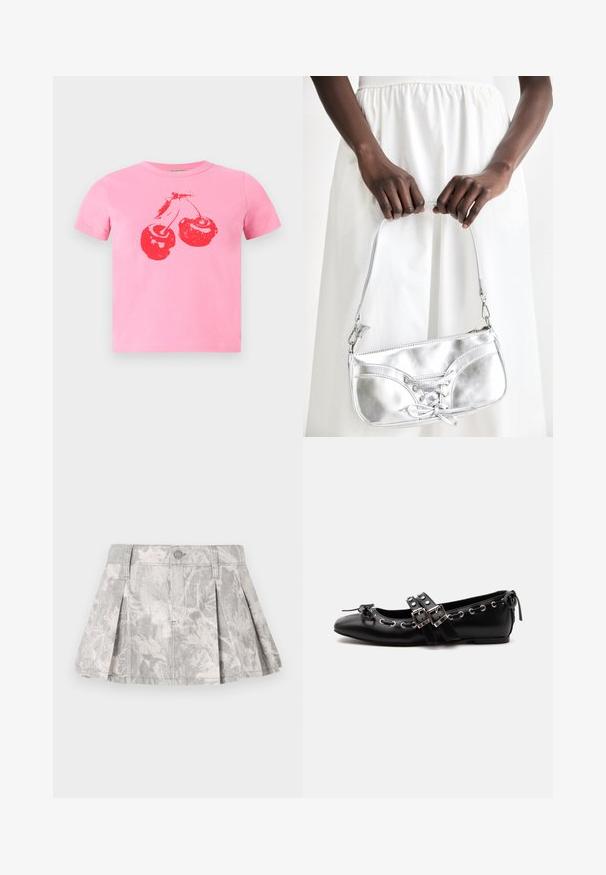Korte roze katoenen T-shirt met een opvallend rood kersenontwerp met groene steeltjes. Klassieke ronde hals en korte mouwen.; Grijze denim rok met plooien, voorzien van een subtiel bladerenpatroon in lichtere tinten. Klassieke snit met een tailleband en sluiting met metalen knoop.; Zwarte platte balletschoen met dubbele gespsluitingen, zilveren oogjes en een klein strikje nabij de afgeronde neus op een witte achtergrond.; Zilveren metalen handtas met vetersluiting, met een strak ontwerp en een korte schouderriem. De tas wordt vastgehouden in de handen, waardoor de textuur goed tot zijn recht komt.