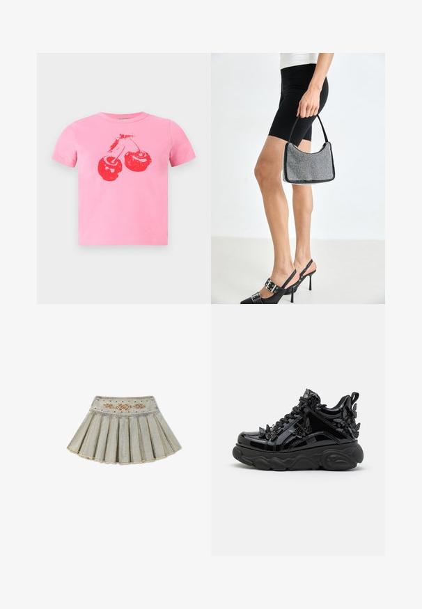 Camiseta corta de algodón rosa con un diseño gráfico de una cereza roja brillante con tallos verdes. Cuello redondo clásico y mangas cortas.; Falda plisada de mezclilla clara con bordado floral marrón y pequeños ojales metálicos a lo largo de la pretina.; Zapatillas de charol negro con suela gruesa, que presentan acentos de mariposa elevados, paneles de tela texturizada y cordones negros.; Bolso de cuentas negras con una silueta curva, asa de transporte y textura brillante. Llevado con zapatos de tacón altos negros y pantalones cortos negros ajustados.