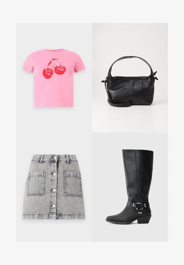 Korte roze katoenen T-shirt met een opvallend rood kersenontwerp met groene steeltjes. Klassieke ronde hals en korte mouwen.; Lichtgrijze denimrok met een vervaagde textuur, voorzien van een knoopsluiting aan de voorkant, twee grote zijzakken en een rechte snit.; Zwarte leren kniehoge laarzen met een spitse neus, voorzien van een decoratieve enkelband en zilveren hardwareaccenten. Lage, gestapelde hak.; Zwarte leren handtas met een gestructureerd ontwerp, een ronde bovenhandgreep en een afneembare schouderriem. Beschikt over een gladde textuur en een subtiele glans.