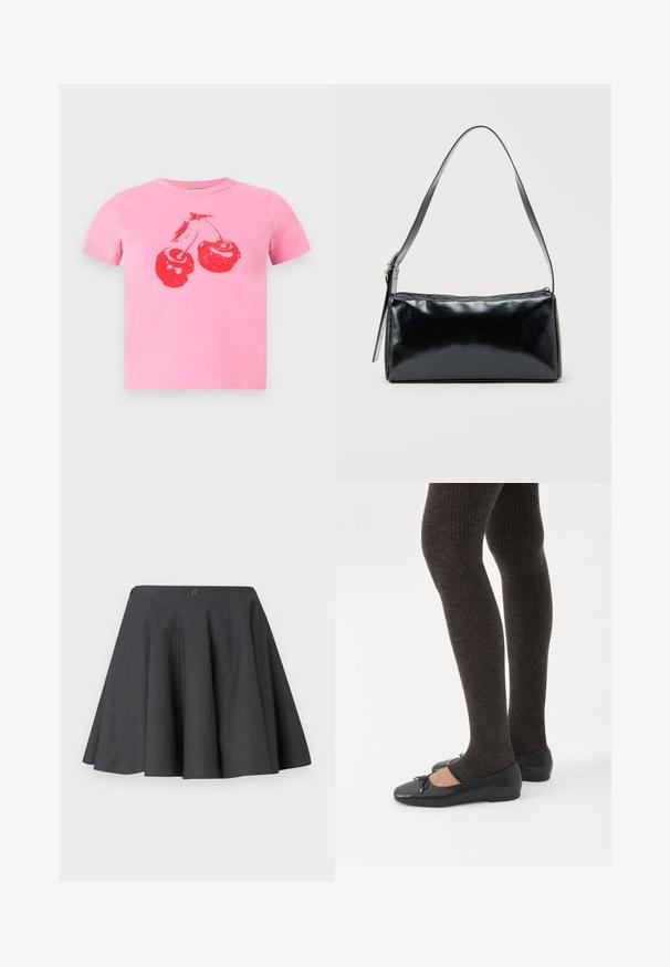 Camiseta corta de algodón rosa con un diseño gráfico de una cereza roja brillante con tallos verdes. Cuello redondo clásico y mangas cortas.; Falda gris acampanada hecha de un tejido texturizado. Presenta una cintura de media altura y sutiles pliegues, con una cremallera oculta en la parte posterior.; Piernas con leggings oscuros acanalados combinados con bailarinas negras que presentan pequeños detalles de lazo sobre un fondo blanco.; Bolso de hombro rectangular negro con una correa ajustable y un cierre de cremallera superior sobre un fondo liso.