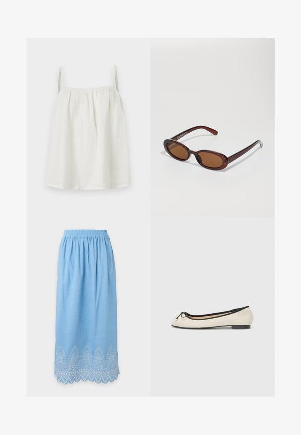 Haut blanc sans manches en tissu froissé avec fines bretelles et encolure froncée, présenté sur un fond clair uni.; Jupe bleu clair, longueur genou, avec taille élastique et ourlet festonné blanc brodé d'un motif décoratif.; Ballerine en textile beige avec une bordure noire. Affiche un bout arrondi et un petit nœud en accent sur le devant. Semelle basse.; Lunettes de soleil rondes teinte brun avec une monture bordeaux brillante. Branches fines avec un détail de marque subtil. Design de verres plats.