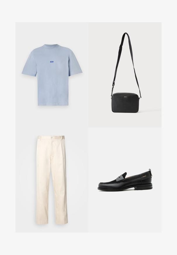 Hellblaues Baumwoll-T-Shirt mit rundem Halsausschnitt, kurzen Ärmeln und einem kleinen blauen und weißen Logopatch auf der Brust.; Beige Baumwollhose mit geradem Bein, ausgestattet mit einem Knopfverschluss und Falten an der Vorderseite für zusätzliche Details.; Schwarzer Lederloafer mit grauem Riemendetail, niedrigem Absatz und strukturierter Sohle, seitlich mit „HUGO“ in Gold gebrandmarkt.; Schwarze rechteckige Umhängetasche mit verstellbarem Riemen und BOSS-Logo auf der Vorderseite, vor einem einfarbigen hellen Hintergrund.