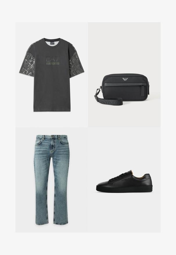 Sivá bavlnená tričko s krátkymi rukávmi, s vzorovanou látkou na rukávoch a centrálnym logom s nápisom "EA7 Emporio Armani."; Modré džínsy z denimu s mierne vyblednutým vzhľadom, klasický štýl s piatimi vreckami, zapínanie na gombíky a rovný strih nohavíc na jednofarebnom pozadí.; Čierny nízky kožený teniska s čiernymi šnúrkami, štruktúrovanou gumovou podrážkou a malým vyrazeným logom na boku, zobrazený v profile na sivom pozadí.; Čierna obdĺžniková taška na zápästie s predným vreckom na zips, strieborným logom a odnímateľným popruhom s označeným textom.