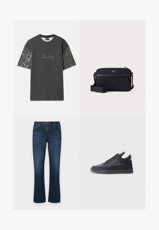 Grå bomulds T-shirt med korte ærmer, der har et mønstret stof på ærmerne, samt et centralt logo med teksten "EA7 Emporio Armani."; Mørkeblå denimjeans med lige ben-design, fem lommer og metalknap-lukning. Glat tekstur med subtil falming.; Sorte læder sneakers med en struktureret overflade, snørebåndsdesign, lav top og en grå gummisål med en rillekant.; Sort rektangulær crossbody-taske med lynlåslomme foran, justerbar rem og lille metallogo øverst i midten.