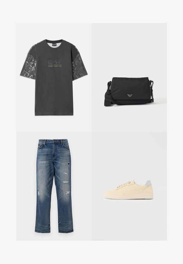 Graues Baumwoll-T-Shirt mit kurzen Ärmeln, das ein gemustertes Gewebe an den Ärmeln aufweist und ein zentrales Logo mit der Aufschrift "EA7 Emporio Armani" trägt.; Blaue Denim-Jeans mit lockerer Passform, die abgenutzte Flicken und Ausbleichungen aufweisen. Sie haben normale Taschen und sichtbare Nähte.; Beiger Sneaker in niedrigem Design mit Schnürverschluss vorne, hellrosa Sohle und grauem Fersenlasche mit der Marke "Filling Pieces", seitlich auf neutralem Hintergrund gezeigt.; Schwarze Umhängetasche mit verstellbarem Riemen und kleinem silbernem Logoemblem auf der Vorderklappe, dargestellt auf einfachem hellem Hintergrund.