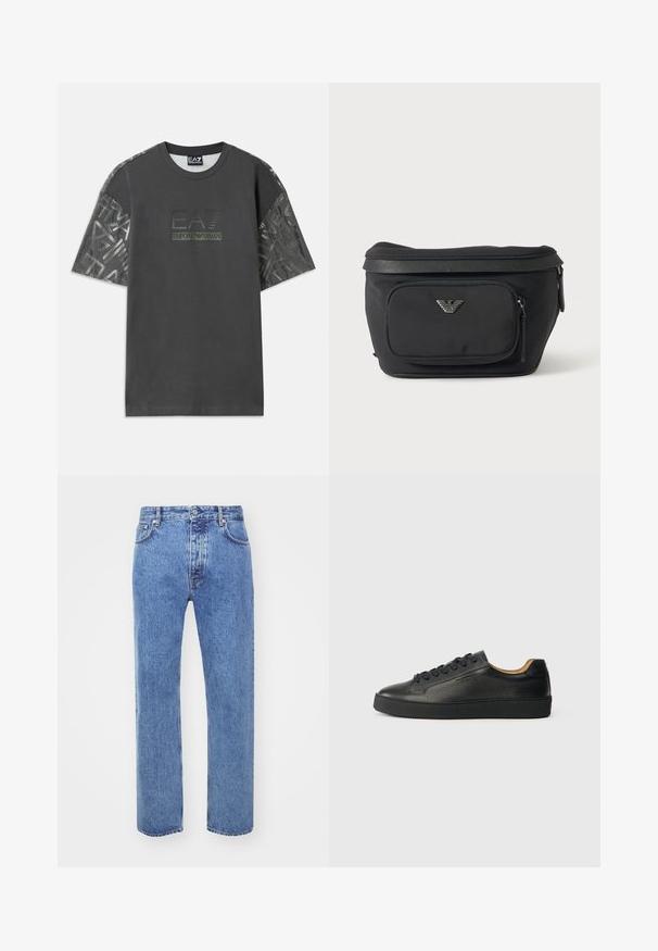 Camiseta de algodón gris con mangas cortas, que presenta una tela estampada en las mangas y un logo central que dice "EA7 Emporio Armani."; Won Hundred STEVE - Vaqueros boyfriend - cut blue; Zapatilla negra de cuero de caña baja con superficie texturizada, cordones negros y suela de goma gruesa, mostrada de lado sobre un fondo claro.; Riñonera negra con bolsillo frontal con cremallera y logo de águila plateado, tela lisa con ribete texturizado y tiradores de cremallera.
