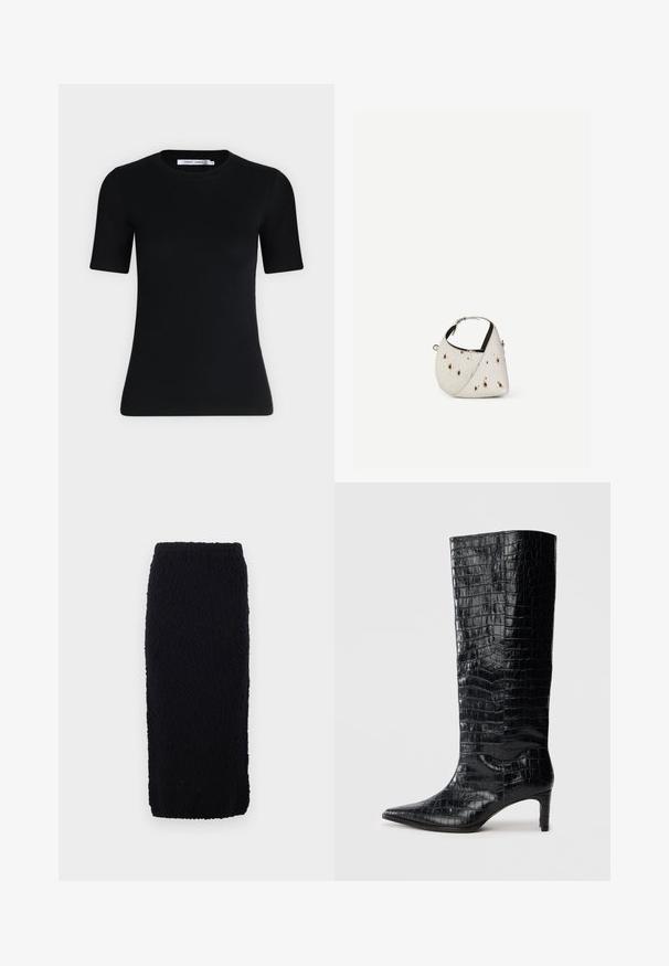 T-shirt noir ajusté à manches courtes avec un col rond et une étiquette à l'intérieur du col sur un fond clair uni.; Jupe noire en tricot, longueur genou, avec une surface texturée et une coupe droite. La taille est élastiquée pour le confort.; Bottes noires montantes, avec une texture brillante à motif crocodile, bout pointu et talon effilé. Matériau synthétique lisse.; Petit sac à main blanc avec des taches marron, forme triangulaire arrondie, doublure intérieure noire et bandoulière courte réglable avec boucle argentée.