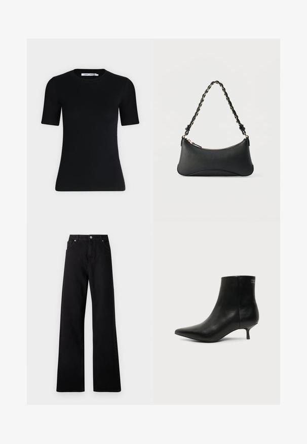 T-shirt noir ajusté à manches courtes avec un col rond et une étiquette à l'intérieur du col sur un fond clair uni.; Jean large noir en denim avec un design à cinq poches, fermeture à bouton à l'avant et détails de couture subtils.; Bottine en cuir noir avec bout pointu et petit talon kitten sur fond clair, vue côté extérieur.; Sac à bandoulière en cuir noir de forme rectangulaire incurvée, avec une chaîne dorée tissée dans la bandoulière noire tressée et une fermeture éclair sur le dessus.