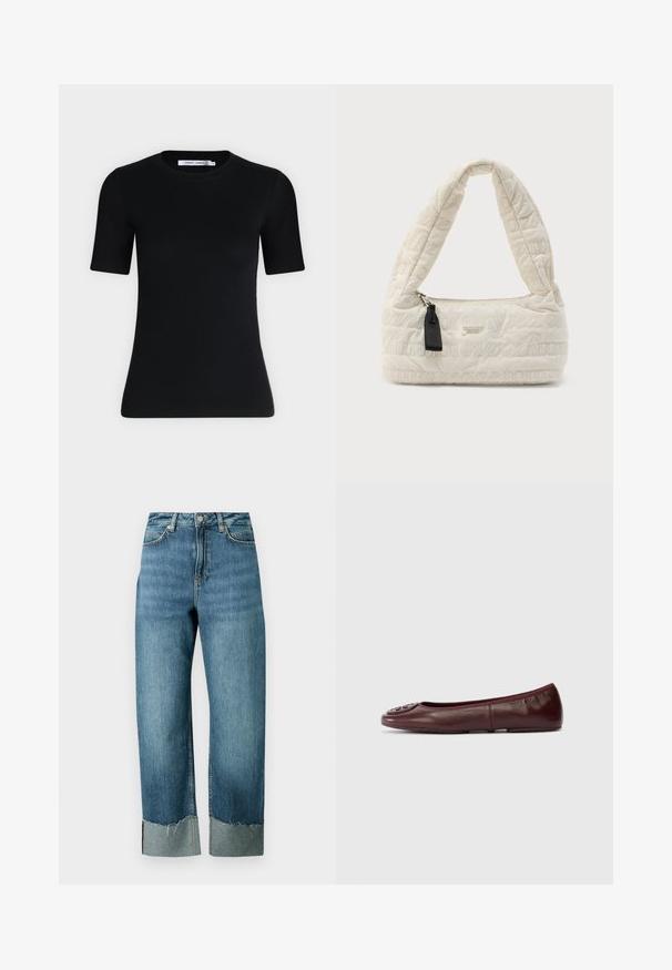 T-shirt noir ajusté à manches courtes avec un col rond et une étiquette à l'intérieur du col sur un fond clair uni.; Jean en denim bleu clair avec une coupe ample et droite. Caractérisé par un ourlet effiloché et un détail de revers contrastant. Conception à cinq poches avec fermeture par bouton.; Ballerines en cuir bordeaux avec bout rond et accent en logo texturé sur le devant. Design sans couture et surface lisse. Semelle plate.; Sac à main crème matelassé avec une poignée courbe, une fermeture éclair et une quincaillerie noire contrastante. Présente un logo embossé sur toute la surface.