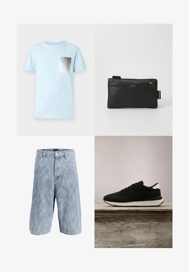 Camiseta de algodón azul claro con mangas cortas y escote redondo. Presenta un gráfico rectangular en blanco y negro en el lado izquierdo del pecho.; Pantalones cortos de mezclilla azul claro lavado con corte regular, cierre frontal de cremallera y botón, trabillas para cinturón y cinco bolsillos. Sin marca visible.; Zapatilla negra con suela blanca y detalle en el talón flota sobre un banco de madera, con hierba alta verde desenfocada en el fondo.; Bolso de mano de cuero negro con una textura suave, cuenta con un cierre de cremallera, un bolsillo frontal y una correa ajustable. Diseño minimalista.