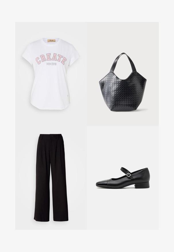 T-shirt en coton blanc avec manches courtes, encolure arrondie et grand texte "CREATE" en rose souligné avec "MIVI 2010" en dessous.; Pantalon large noir en tissu lisse, avec des plis à l'avant, une taille ajustée, et sans motifs ni accents visibles.; Chaussures Mary Jane en cuir noir avec un embout en vernis, une sangle cheville réglable et un petit talon carré. Texture lisse et design élégant.; Sac à main en cuir noir avec un motif tissé, ouverture large en haut et deux bandoulières, présenté sur un fond clair uni.