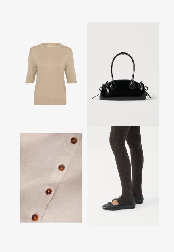 Culture CUEBBA ANNEMETTE - Striktrøje - tannin; Beige stof med en række skinnende brune knapper syet langs en syet stolpelukning på let tekstureret materiale.; Ben iført mørke ribbede leggings kombineret med sorte balletsko med små sløjfedetaljer på hvid baggrund.; Lille sort blank håndtaske med to lange håndtag og snøre-detaljer i siden på en ensfarvet lys baggrund.
