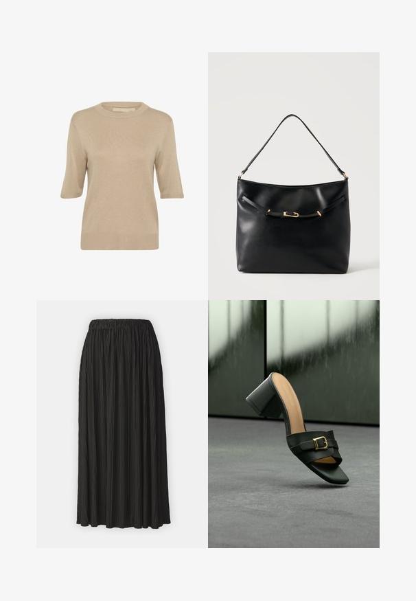 Culture CUEBBA ANNEMETTE - Striktrøje - tannin; Sort plisseret midi-nederdel med elastisk talje, der har en glat overflade og lodrette folder i hele stoffet.; Sort læder mule med åben tå, blokhæl og guldbuckles, vist på grå overflade med sløret mørk baggrund.; Sort skuldertaske i læder med en enkel strop og en lille guldlåsdetalje foran mod en ensfarvet lys baggrund.