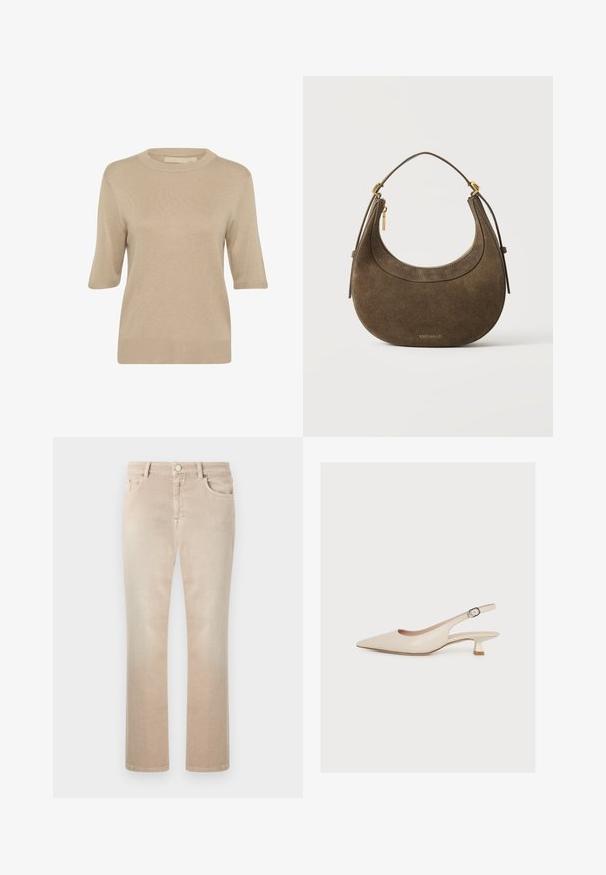 Culture CUEBBA ANNEMETTE - Strickpullover - tannin; Beige Jeans mit geradem Bein, vorne mit Knopf- und Reißverschluss, Gürtelschlaufen sowie vorne und hinten mit Taschen, vor weißem Hintergrund dargestellt.; Beiger Slingback-Schuh mit spitzer Kappe, niedrigem Kitten-Heel und einem Knöchelriemchen mit kleiner Schnalle, gezeigt auf schlichtem weißem Hintergrund.; Braune Wildleder-Handtasche in Halbmondform mit kurzem Griff, goldenem Reißverschluss und kleinem goldenem Markenlogo unten in der Mitte.