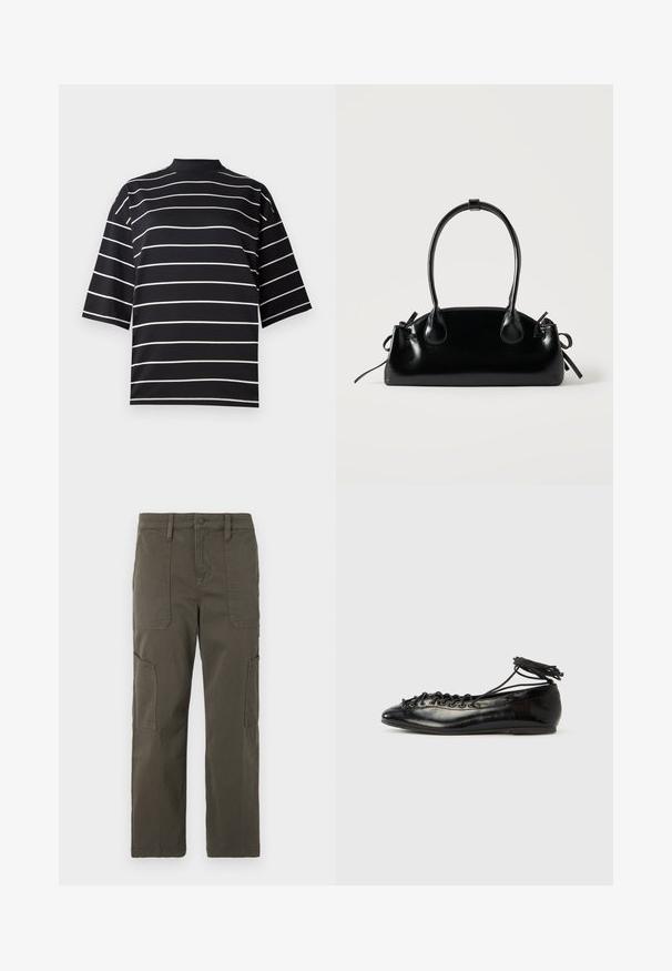 Sort kortærmet skjorte med hvide vandrette striber. Har en høj hals og en afslappet pasform, lavet af et glat, strækbart stof.; Good American CROPPED PANTS - Cargobukser - fatigue; Sorte balletflade sko i laklæder med rundet tå, snørelukning og flad sål. Glat tekstur med få detaljer.; Lille sort blank håndtaske med to lange håndtag og snøre-detaljer i siden på en ensfarvet lys baggrund.