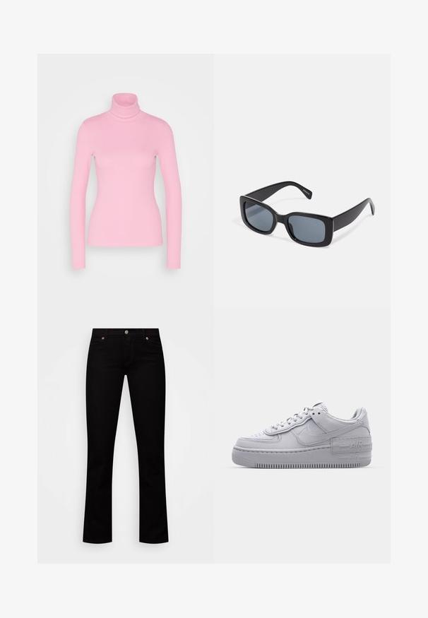 Even&Odd by Zalando Langærmet T-shirt - pink; Sorte jeans med lige ben, forlommer, bæltestropper og knaplukning på hvid baggrund.; Grå Nike Air Force 1 sneakers med perforeret tå, glat læderoverdel, tyk sål og præget 'AIR' detalje på hælen.; Sorte rektangulære solbriller med mørkt tonede linser, tyk plastramme og brede stænger. Glat overflade og kantet design.