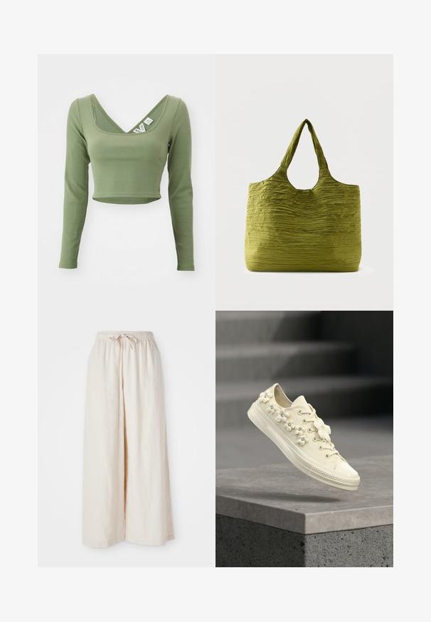 Khaki grøn, langærmet cropped top med ribbet tekstur og bred udskæring. Mærker synlige ved kraven.; Bredde ben, flødefarvede bukser med elastisk talje og snor. Glat, let linnedstof uden synlige mønstre eller hardware.; Off-white sneaker med gummisål, dekoreret med små 3D-blomsterapplikationer med perle-centrer, svævende over en betonflade.; Grøn mulepose med tekstureret, krøllet stof og brede håndtag, vist mod en ensfarvet lys baggrund.