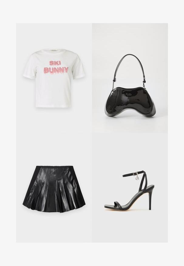 T-shirt en coton blanc avec l'inscription « SKI BUNNY » en lettres en fausse fourrure rose en relief. Manches courtes et col rond.; Jupe plissée noire avec un devant en cuir brillant et une ceinture noire unie ornée d'un petit détail métallique. Des panneaux en cuir texturé rehaussent le design.; Sandale à talon haut noire avec une bride étroite à la cheville, bout carré, cuir lisse et accent de boucle métallique.; Sac à main en cuir verni noir avec une forme incurvée unique, une anse courte et ajustable, et une fermeture zippée. Texture lisse avec un branding discret.