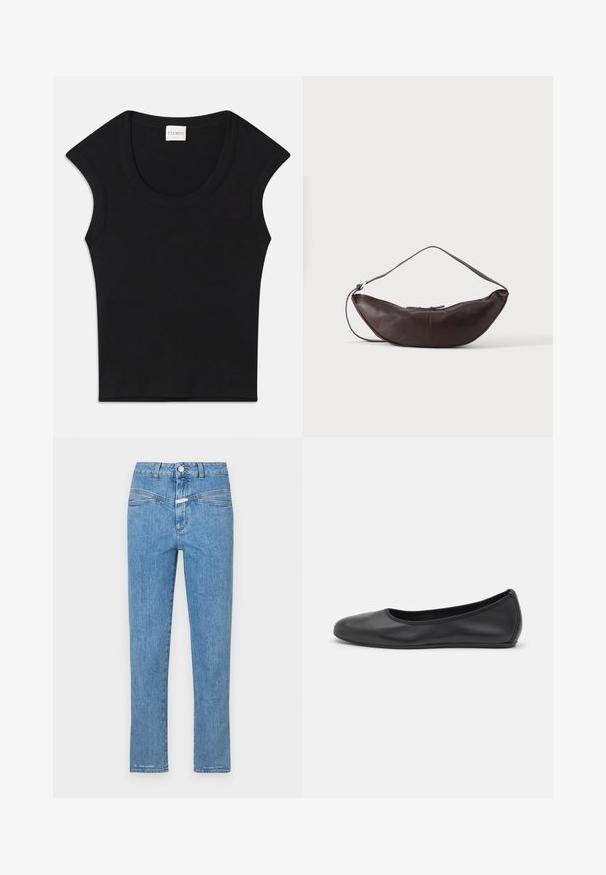 Haut sans manches noir en tissu doux avec un col arrondi et une coupe ajustée. Présente une étiquette portant la mention "CLOSED" au niveau du cou.; Jeans en denim bleu clair avec une coupe droite, cinq poches et une fermeture à bouton. Présente une texture légèrement délavée et un minimum de coutures.; Ballerines en cuir noir avec un bout rond, texture lisse, détails de couture minimalistes et design de semelle flexible.; Sac d'épaule en cuir marron foncé en forme de croissant avec une lanière courbée et des coutures visibles sur fond uni.