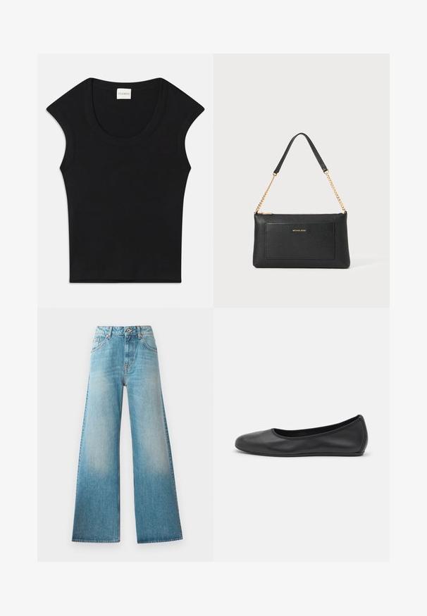 Haut sans manches noir en tissu doux avec un col arrondi et une coupe ajustée. Présente une étiquette portant la mention "CLOSED" au niveau du cou.; Jean large en denim bleu clair avec taille haute, design à cinq poches et décoloration subtile le long des cuisses. Détails en métal couleur cuivre.; Ballerines en cuir noir avec un bout rond, texture lisse, détails de couture minimalistes et design de semelle flexible.; Pochette en cuir noir avec une texture en relief, bandoulière en chaîne dorée et une poche avant. Elle arbore un logo doré sur le devant.