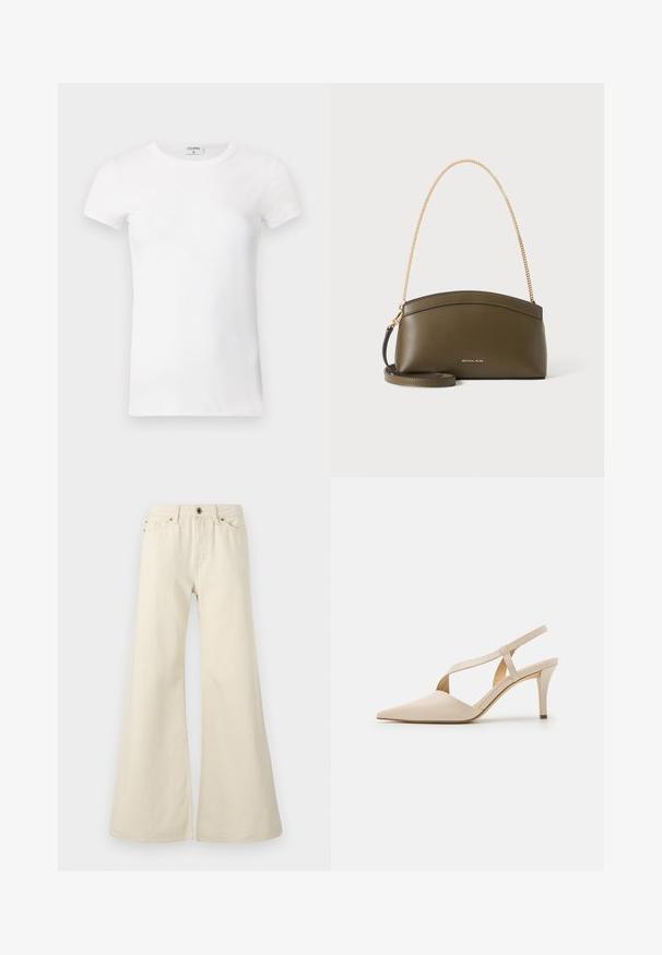 T-shirt à manches courtes blanc côtelé avec un col rond. Le tissu semble lisse avec une silhouette ajustée. Étiquette de marque visible au niveau du col.; Jeans évasés beige clair en coton. Dotés d'une taille haute, de cinq poches et d'une fermeture à bouton avec des détails de couture contrastés.; Talons slingback beiges avec un design à bout pointu. Fabriqués en matériau lisse, présentant un talon effilé et un détail de sangle croisée pour un maintien sécurisé.; Sac à main Michael Kors vert olive avec bandoulière en chaîne dorée, dessus courbé et petit logo doré sur le devant, présenté sur fond blanc.