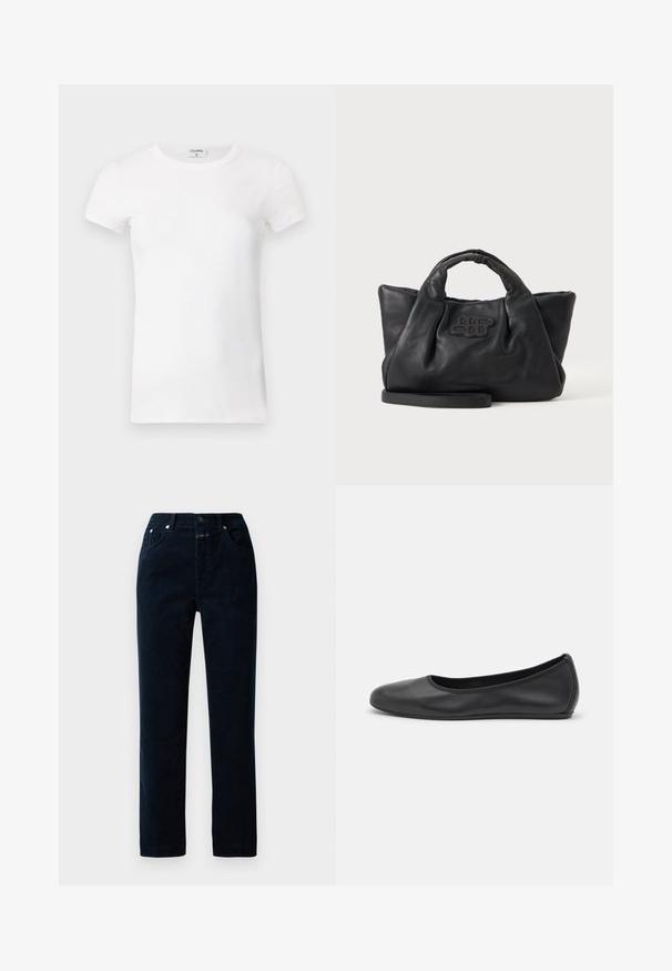 T-shirt à manches courtes blanc côtelé avec un col rond. Le tissu semble lisse avec une silhouette ajustée. Étiquette de marque visible au niveau du col.; Pantalons en velours côtelé bleu marine avec une coupe droite, dotés de poches avant, d'une fermeture éclair et de boutons en métal sur la taille.; Ballerines en cuir noir avec un bout rond, texture lisse, détails de couture minimalistes et design de semelle flexible.; Sac à main en cuir souple noir avec de courtes poignées, une bandoulière amovible et un logo cousu à l'avant, sur un fond uni clair.