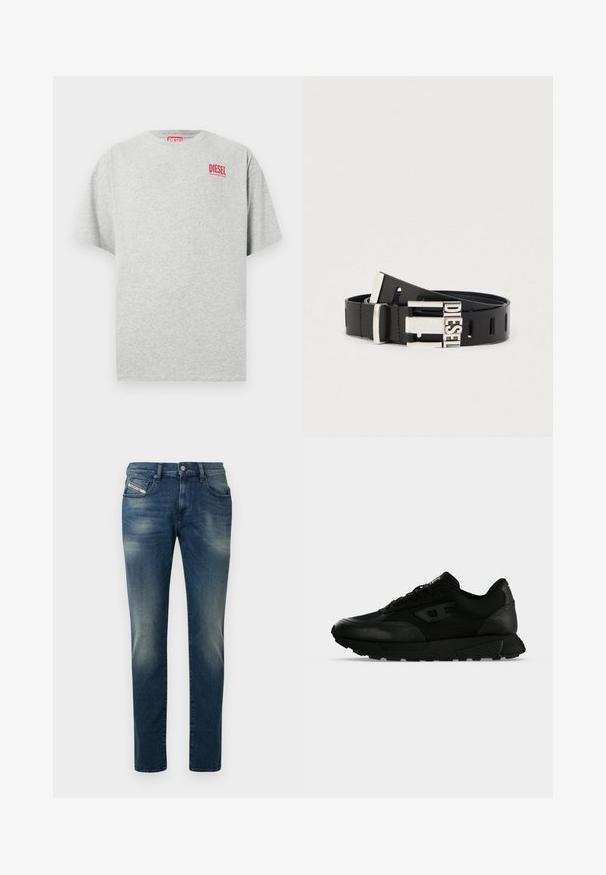 T-shirt en coton gris avec un col rond et des manches courtes. Présente un petit logo rouge « DIESEL » sur la poitrine. Texture lisse.; Jean en denim bleu foncé avec un effet délavé, coupe droite et genou légèrement usé. Comprend des poches avant et une fermeture par bouton en métal.; Baskets basses noires avec cuir texturé et panneaux en tissu, fermeture lacets et semelle épaisse en caoutchouc sur un fond clair uni.; Ceinture en cuir noir avec boucle métallique argentée portant le mot "DIESEL." La ceinture comporte plusieurs trous d'ajustement tout au long de sa longueur.