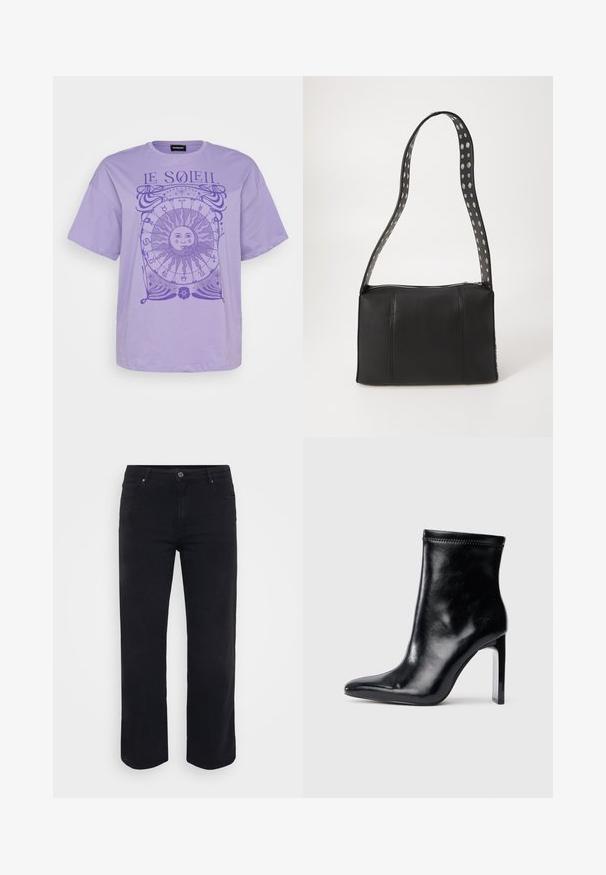 T-shirt en coton lavande à manches courtes, avec un graphique de soleil circulaire et des symboles astrologiques en violet foncé. Encolure ras du cou.; Jeans en denim noir avec une coupe droite. Les caractéristiques incluent une fermeture à bouton à la taille, des passants de ceinture et des poches avant/arrière. Texture lisse.; Bottine en cuir noir avec un bout pointu et un talon transparent haut. Texture lisse et finition minimaliste sur le dessus.; Sac à main en cuir noir de forme rectangulaire, doté d'une fermeture éclair et d'une bandoulière à pois. Texture lisse, détails de couture minimaux.