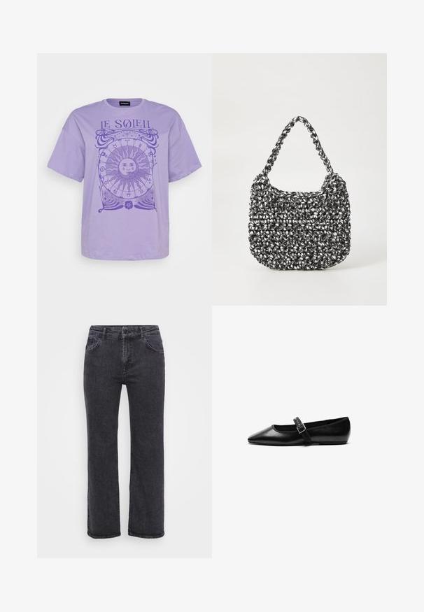 T-shirt en coton lavande à manches courtes, avec un graphique de soleil circulaire et des symboles astrologiques en violet foncé. Encolure ras du cou.; Jean en denim noir avec une coupe droite, cinq poches et une fermeture à bouton. Le tissu a une texture légèrement délavée et des coutures robustes.; Chaussure noire plate en cuir avec un bout pointu, bride réglable avec une boucle en métal, texture lisse et design minimaliste.; Sac en osier noir et blanc de forme arrondie, avec une surface texturée et une poignée tressée. Convient à un usage décontracté.