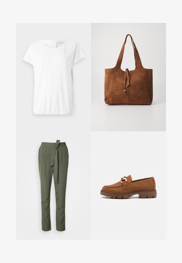 T-shirt en coton blanc à manches courtes, encolure ronde et motif œillet avec des formes de diamant. Texture douce et coupe décontractée.; Pantalons vert olive en tissu lisse, dotés d'une ceinture nouée à la taille, de jambes droites et de poches latérales pour un look ajusté.; Mocassins en daim marron avec un accent décoratif en chaîne dorée, dotés d'une semelle en caoutchouc texturée et d'un design à bout rond.; Sac fourre-tout en daim marron avec deux longues poignées, fermeture à cordon et texture lisse. Présente un design simple et des accents minimaux.