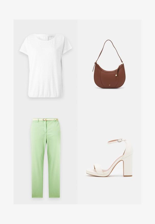 T-shirt en coton blanc à manches courtes, encolure ronde et motif œillet avec des formes de diamant. Texture douce et coupe décontractée.; Pantalon en coton vert clair avec une coupe droite, doté d'une ceinture tissée beige, de poches avant et sans motifs ni ornements visibles.; Sandale à talon haut blanche avec une bride de cheville, design minimaliste, bout ouvert, talon carré et texture en cuir lisse.; Sac à épaule en faux cuir brun, de forme arrondie, avec des coutures minimales et un accent en matériel doré. Il possède une fermeture zippée sur le dessus et une sangle réglable.