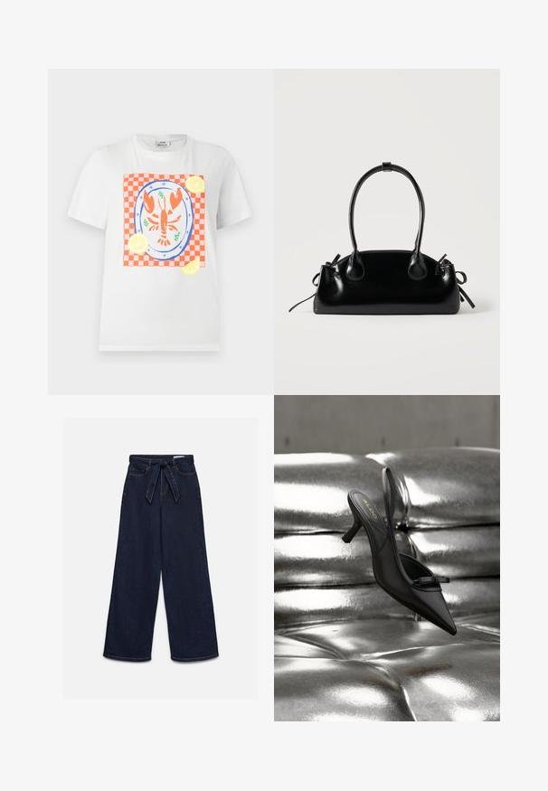 T-shirt blanc à manches courtes avec un homard rouge sur une assiette, placé sur un tissu à carreaux rouge et blanc avec des tranches de citron autour.; Jean taille haute bleu foncé à jambes larges avec poches avant et ceinture en tissu assortie nouée à la taille.; Chaussure à talon noire à bout pointu et bride arrière, avec un petit nœud, reposant sur un revêtement en cuir argenté brillant matelassé.; Petit sac à main noir brillant avec deux longues anses et des détails à cordon sur les côtés sur un fond clair uni.