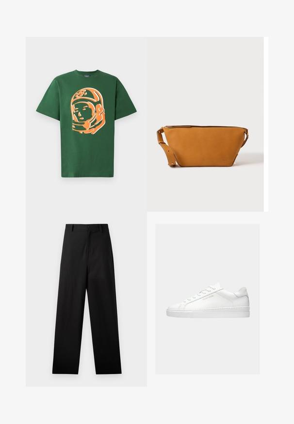 Groene katoen T-shirt met een grote oranje astronautafbeelding aan de voorkant, met korte mouwen en een relaxte pasvorm.; Zwarte broek van katoen met een rechte pijpdesign, voorzien van een sluiting met een knoop aan de voorkant en zijzakken. Gladde textuur, geen patronen.; Witte lage sneaker met veters, minimalistisch ontwerp en gouden "Filling Pieces" merk aan de zijkant tegen een effen achtergrond.; Lichtbruine leren crossbodytas met verstelbare band en ritssluiting, getoond tegen een effen lichte achtergrond.