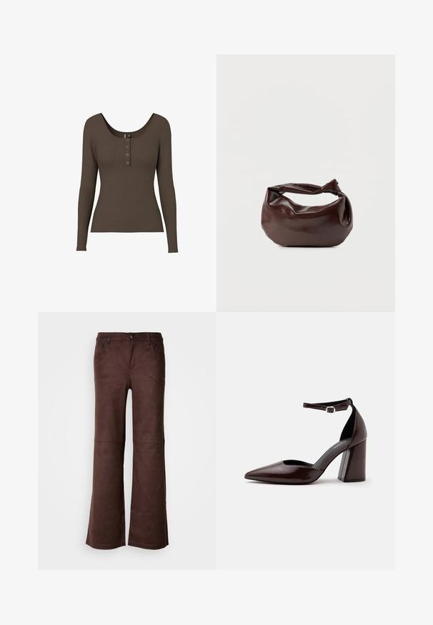 Top de manga larga de canalé en marrón oscuro, con un escote redondeado y tapeta de tres botones en el frente. Tejido suave y elástico.; Pantalones de campana marrones en un tejido suave y parecido al ante. Presentan cuatro bolsillos, un cierre de botón y una superficie lisa y texturizada.; Zapato de tacón alto de cuero marrón oscuro con punta puntiaguda, correa en el tobillo y hebilla plateada sobre fondo blanco.; Bolso de hombro de cuero marrón oscuro con una forma suave y caída, y un asa con nudo torcido sobre un fondo blanco liso.