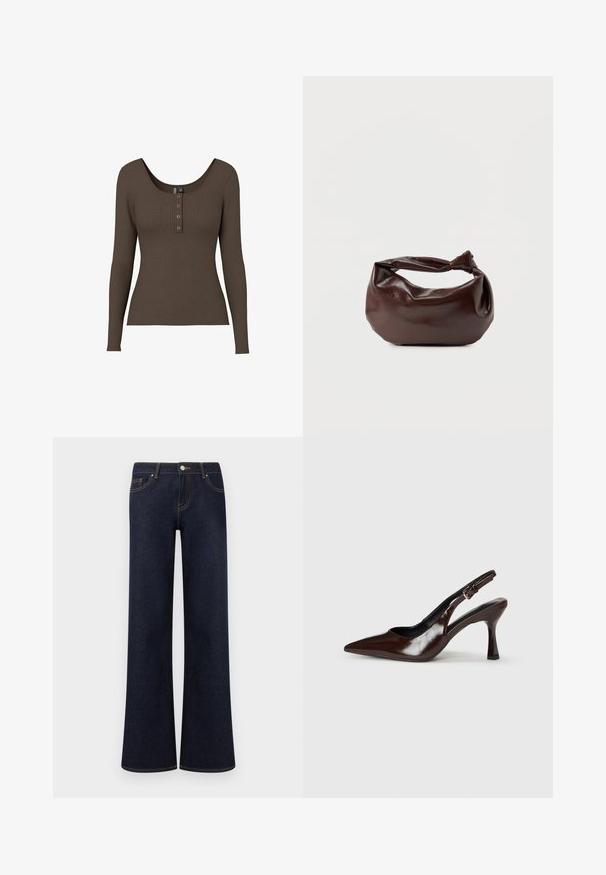 Langærmet ribbet top i mørkebrun, med en rund halsudskæring og tre-knap placket foran. Blødt, strækbart stof.; Mørkeblå vidde denimjeans med forlommer, knap- og lynlåslukning samt synlige kontrastsyninger.; Brune patenterede læderslingback-sandaletter med spids tå, en tynd hæl og justerbar rem med en lille spænde.; Mørkebrun læder skuldertaske med en blød, afslappet form og et snoet knudehåndtag på en ensartet hvid baggrund.