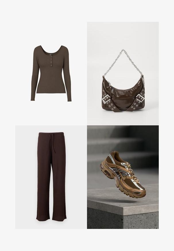 Top de manga larga de canalé en marrón oscuro, con un escote redondeado y tapeta de tres botones en el frente. Tejido suave y elástico.; Pantalones de pierna ancha con textura en marrón oscuro, con cintura elástica y cordón, mostrados sobre un fondo claro y liso.; Zapatilla Nike marrón y beige con detalles de malla y reflectantes flotando sobre un borde de hormigón contra un fondo gris borroso.; Bolso de mano de cuero patentado marrón oscuro con cadena plateada, cinturones decorativos de doble hebilla y cierre de cremallera.