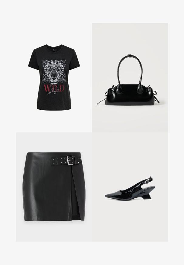 T-shirt noir à manches courtes avec un visage de léopard blanc détaillé et un texte rouge indiquant "WILD" ainsi qu’un texte blanc "Souls" sous le graphisme de l’animal.; Mini-jupe en simili cuir noir avec une ceinture réglable comportant une boucle en argent et des clous décoratifs, design à enroulement avant et texture lisse.; Chaussure slingback en cuir verni noir avec bout pointu et petit talon bloc incliné sur fond clair uni.; Petit sac à main noir brillant avec deux longues anses et des détails à cordon sur les côtés sur un fond clair uni.