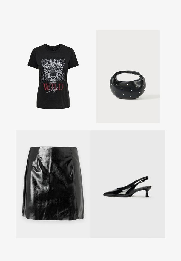 T-shirt noir à manches courtes avec un visage de léopard blanc détaillé et un texte rouge indiquant "WILD" ainsi qu’un texte blanc "Souls" sous le graphisme de l’animal.; Mini jupe en simili cuir noir brillant avec des détails de couture subtils et une légère fente avant sur fond blanc.; Escarpins en cuir verni noir avec un bout pointu et un petit talon carré. Sangle réglable à la cheville avec boucle.; Sac à main en cuir noir de forme arrondie, décoré de clous argentés et équipé d'une poignée courte. Texture lisse et fermeture éclair.