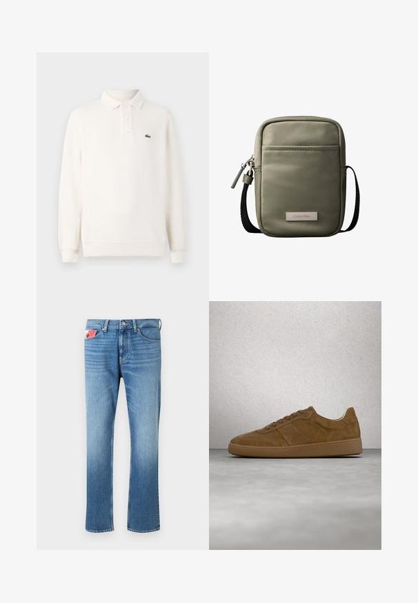 Polo-shirt à manches longues en crème pâle en tricot texturé, avec une patte de boutonnage à trois boutons et un logo brodé vert sur la poitrine.; Jean en denim bleu délavé avec une coupe droite, comprenant une fermeture à bouton, cinq poches et une patch sur la poche avant.; Baskets en daim marron avec des lacets couleur fauve et une semelle en caoutchouc. Présente un bout arrondi et des détails cousus sur la tige. Design léger.; Sac bandoulière compact vert olive avec poche avant, sangle noire réglable, fermeture zippée et plaque logo Calvin Klein.