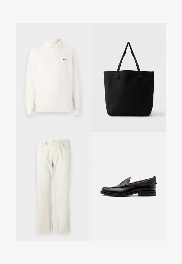 Polo-shirt à manches longues en crème pâle en tricot texturé, avec une patte de boutonnage à trois boutons et un logo brodé vert sur la poitrine.; Jean droit en denim léger beige, fabriqué en coton. Comprend des poches, une fermeture à bouton classique, et une texture subtile sans motifs.; Mocassin homme en cuir noir avec couture moc toe, bride penny, col texturé et petit talon empilé sur fond blanc.; Sac fourre-tout en toile noire avec deux bandoulières et un motif circulaire discret en relief sur le devant.