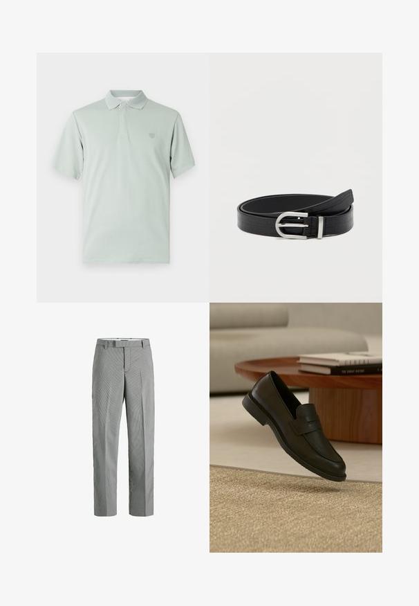 Polo shirt vert clair avec un col texturé, des manches courtes et un emblème brodé sur la poitrine gauche. Fini en tissu doux.; Pantalons à carreaux gris et blancs avec une coupe droite, présentant un devant plat, des passants de ceinture et des poches latérales discrètes.; Chaussure mocassin en cuir noir présentée en suspension au-dessus d'un tapis beige tissé, avec une table en bois et des livres empilés dans un salon doucement éclairé.; Ceinture en faux cuir noir avec texture crocodile et boucle ronde en argent, enroulée sur un fond blanc uni.