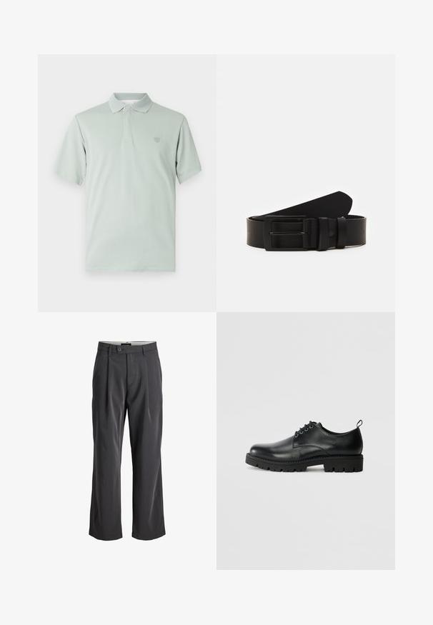 Camiseta polo verde claro con cuello texturizado, mangas cortas y emblema bordado en el lado izquierdo del pecho. Acabado de tela suave.; Pantalones plisados negros con un diseño de pierna recta, fabricados en una tela suave. Cuentan con un cierre de botón y trabillas en la cintura.; Zapato de cuero negro con punta redonda, que presenta un diseño de cordones, suela negra de goma resistente y una pequeña lengüeta en el talón.; Cinturón de cuero negro enrollado con una hebilla metálica rectangular negra mate y dos trabillas sobre un fondo blanco.