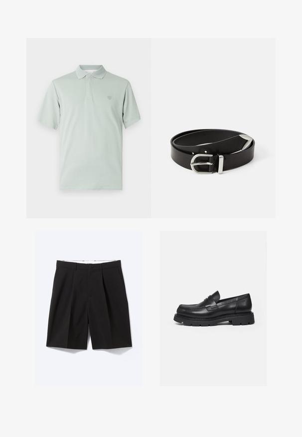Camiseta polo verde claro con cuello texturizado, mangas cortas y emblema bordado en el lado izquierdo del pecho. Acabado de tela suave.; Pantalones cortos negros confeccionados a medida hasta la rodilla con trabillas para cinturón, bolsillos laterales, cierre con botones y pinzas delanteras, extendidos sobre un fondo blanco.; Mocasín negro de cuero con suela gruesa y acanalada y detalle de tira para moneda, mostrado en perfil lateral derecho sobre fondo blanco.; Cinturón de piel negra con una hebilla de metal plateado, que presenta un diseño clásico y una textura suave. Incluye agujeros para ajuste.