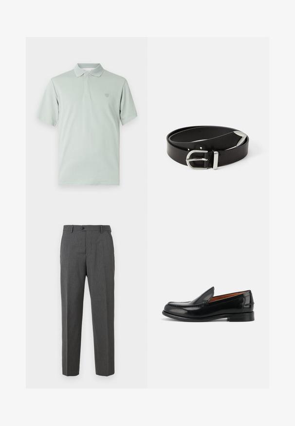 Camiseta polo verde claro con cuello texturizado, mangas cortas y emblema bordado en el lado izquierdo del pecho. Acabado de tela suave.; Pantalones de vestir para hombre en gris carbón con sutiles rayas, cierre de botón, trabillas para cinturón y diseño de pierna recta, sobre un fondo blanco.; Mocasín negro de cuero pulido, tipo slip-on, con tacón bajo y detalles cosidos a lo largo de la puntera y los costados, mostrado de lado.; Cinturón de piel negra con una hebilla de metal plateado, que presenta un diseño clásico y una textura suave. Incluye agujeros para ajuste.