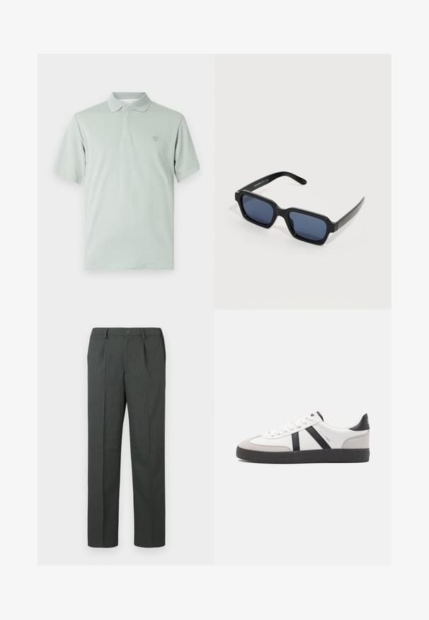 Camiseta polo verde claro con cuello texturizado, mangas cortas y emblema bordado en el lado izquierdo del pecho. Acabado de tela suave.; Pantalones gris ajustados con un diseño de frente plano, pernera recta y cierre de un solo botón, confeccionados en una tela ligera.; Zapatilla blanca con acentos en negro y gris, que presenta una puntera texturizada en gris, suela de goma negra y cordones planos blancos. Diseño limpio, estilo minimalista.; Gafas de sol rectangulares negras con lentes azul oscuro, montura gruesa y varillas rectas, descansando sobre una superficie blanca lisa.