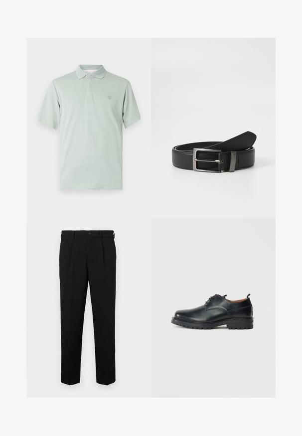 Camiseta polo verde claro con cuello texturizado, mangas cortas y emblema bordado en el lado izquierdo del pecho. Acabado de tela suave.; Pantalones negros con corte recto, que cuentan con cierre de botón, trabillas para cinturón, pliegues laterales y una textura suave. Sin bolsillos visibles.; Zapatos derby de cuero negro con una textura suave, punta redondeada, diseño de cordones y una suela de goma gruesa y resistente.; Cinturón de cuero negro con hebilla de metal plateada, que presenta un acabado suave y un diseño clásico. El cinturón está neatly doblado.
