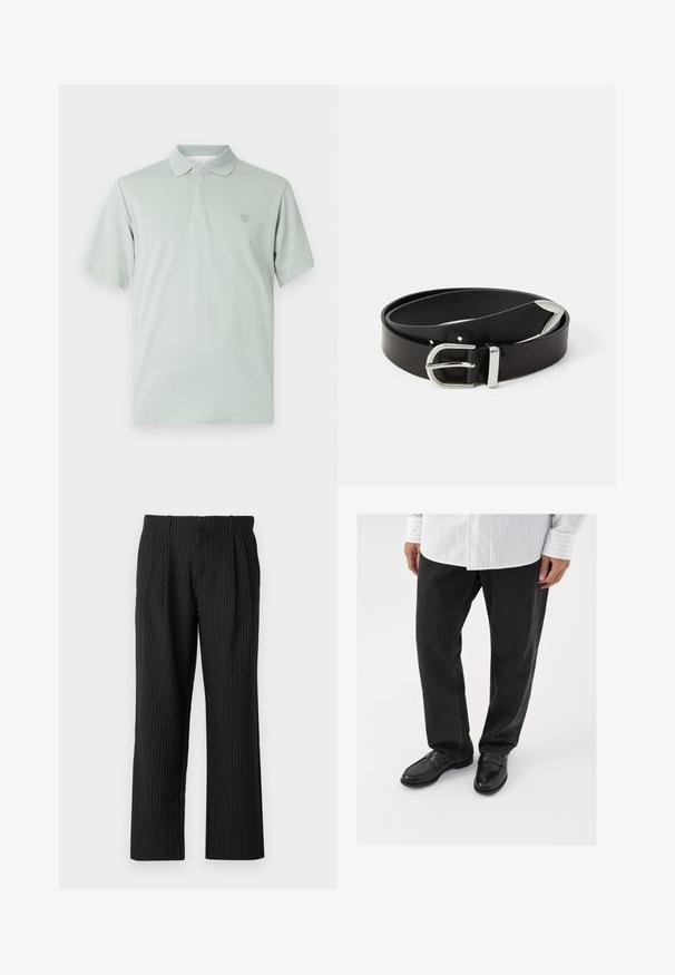 Hele roheline polo-särk, millel on tekstuuriga krae, lühikesed varrukad ja vasakul rinnal brodeeritud emblem. Pehme kangaste finishing.; Jack & Jones Classic Wide Leg Fit - Püksid - black; Mustad denim püksid koos läikivate mustade mokassiinidega. Särk on valge, millel on õhukesed vertikaalsed triibud, pikkade varrukatega ja nööpidega kraega.; Mustmust nahkööv musta nahast vöö hõbedase metalli pandlaga, klassikalise disainiga ja sileda tekstuuriga. Sisaldab augusid reguleeritavaks sobimiseks.