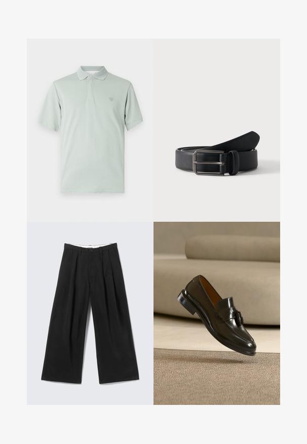Camiseta polo verde claro con cuello texturizado, mangas cortas y emblema bordado en el lado izquierdo del pecho. Acabado de tela suave.; Pantalones anchos negros con pliegues, trabillas para cinturón y cierre de botón, mostrados sobre un fondo gris claro.; Zapato mocasín de cuero negro con borlas flotando sobre una alfombra beige con un sofá beige al fondo.; Cinturón de cuero negro enrollado con hebilla rectangular de metal plateado sobre un fondo claro y sencillo.