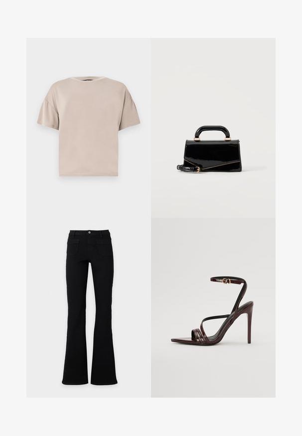 T-shirt beige en coton, à manches courtes, oversize, avec col rond et ourlet droit, sur un fond clair uni.; Jean flare noir taille haute avec poches avant, passants de ceinture et fermeture par bouton, présenté sur un fond blanc uni.; Sandale à talons hauts en cuir verni bourgogne avec une bride de cheville, bout pointu et trois bandes horizontales sur le pied. Détail de boucle dorée.; Sac à main rectangulaire noir brillant avec poignée supérieure, ferrures dorées et bandoulière amovible, posé sur un fond clair uni.